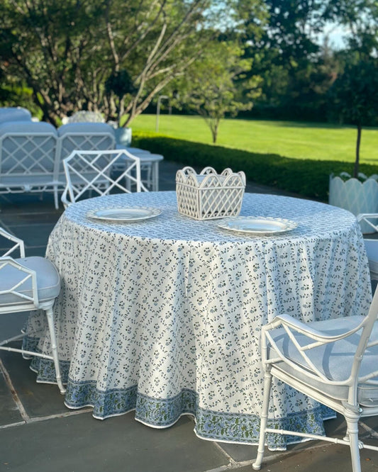 Round Tablecloth, Powder and Pigeon Blue, Green Indian Hand Block Floral Printed Table Cover, Vintage, French Tablecloth, Home and Living