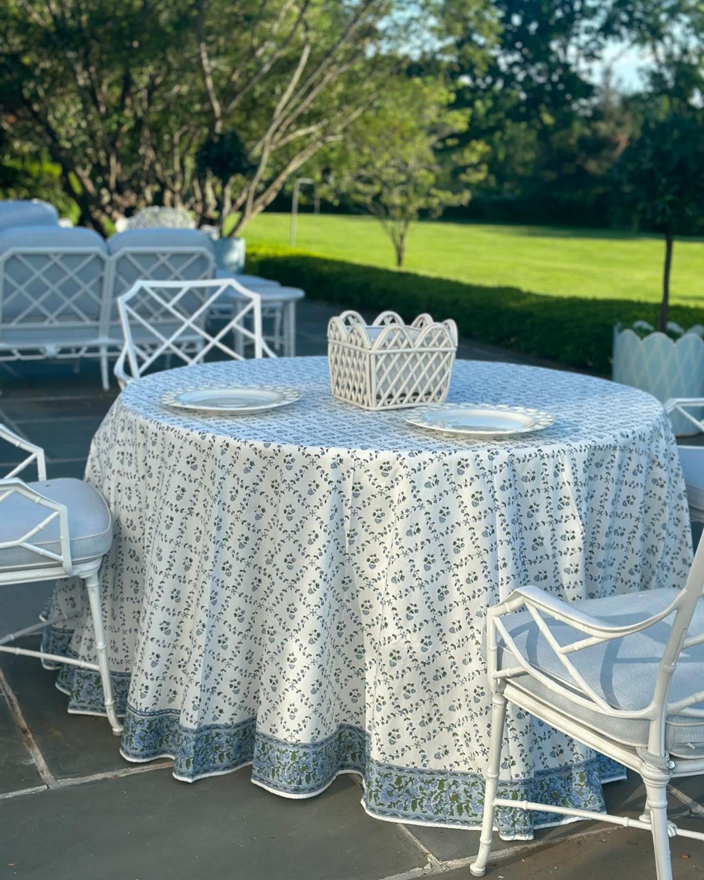 Round Tablecloth, Powder and Pigeon Blue, Green Indian Hand Block Floral Printed Table Cover, Vintage, French Tablecloth, Home and Living