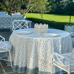 Round Tablecloth, Powder and Pigeon Blue, Green Indian Hand Block Floral Printed Table Cover, Vintage, French Tablecloth, Home and Living