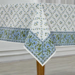 Tablecloth, Powder and Pigeon Blue, Green Indian Hand Block Floral Printed Cotton Table Cover, Table Top, French Tablecloth, Wedding, Home