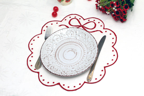 Classic Placemats Red Embroidered Edges for table decor , Bow table linen, Embroidered placemat / Linen placemat / Table decor