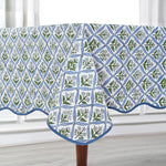 Light Blue Indian Hand-Block Printed Cotton Tablecloth with Floral Design and Scalloped Piping for Weddings, Home Decor, and Parties
