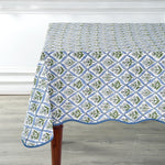 Light Blue Indian Hand-Block Printed Cotton Tablecloth with Floral Design and Scalloped Piping for Weddings, Home Decor, and Parties