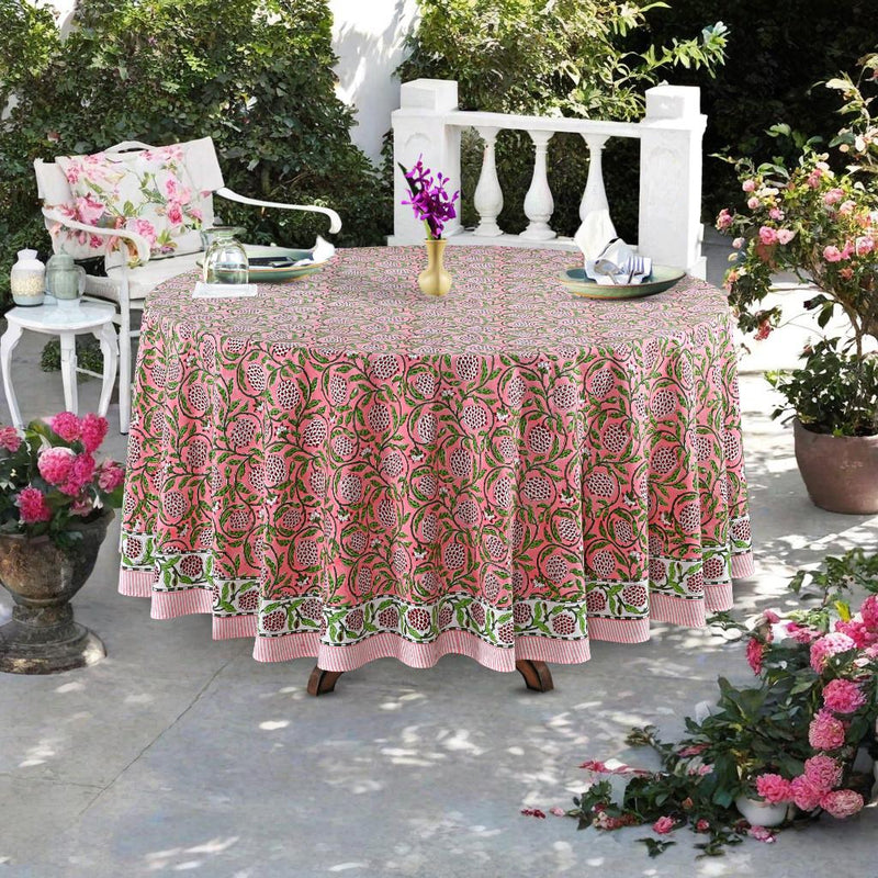 Round Tablecloth, Strawberry Pink Indian Hand Block Floral Printed Table Cover, Vintage French Tablecloth, Botanical Prints, Home and Living