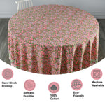 Round Tablecloth, Strawberry Pink Indian Hand Block Floral Printed Table Cover, Vintage French Tablecloth, Botanical Prints, Home and Living