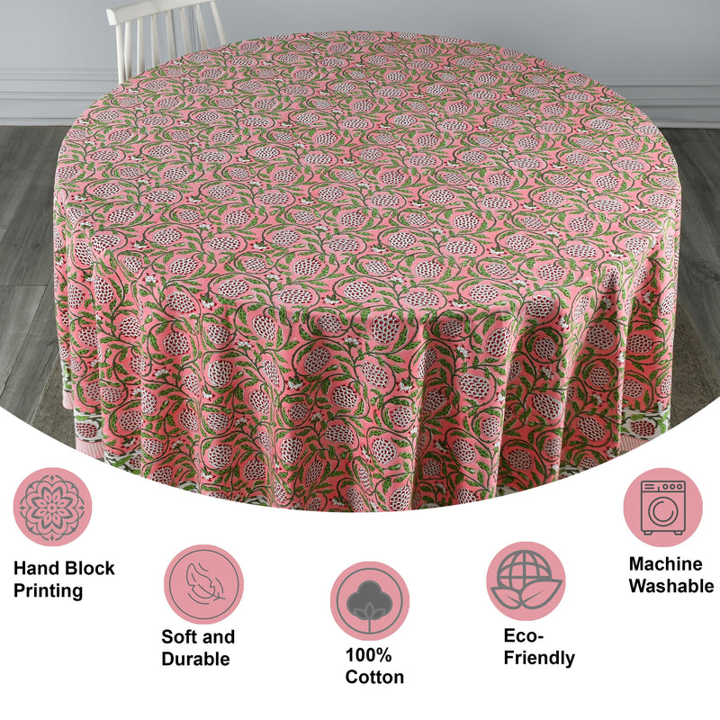 Round Tablecloth, Strawberry Pink Indian Hand Block Floral Printed Table Cover, Vintage French Tablecloth, Botanical Prints, Home and Living