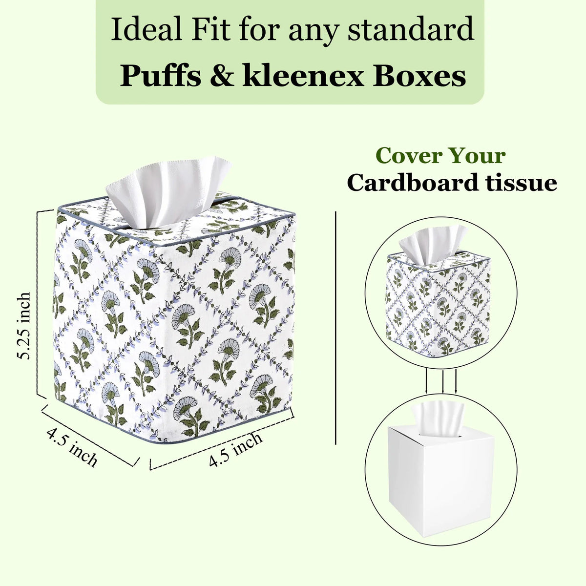 Floral-patterned tissue box cover with dimensions and usage instructions on a light green background