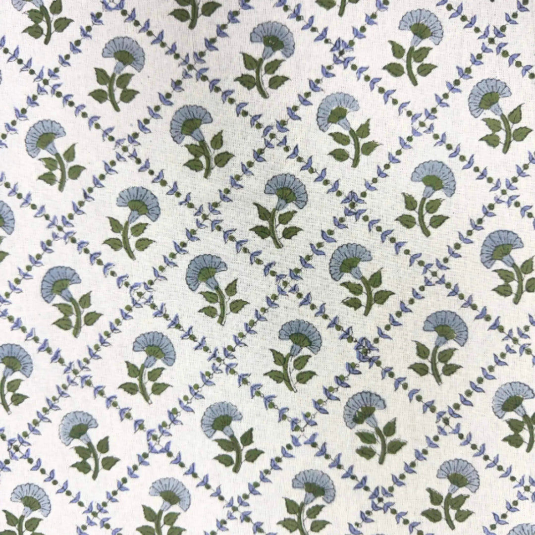 Pattern of blue and green flowers on a white background