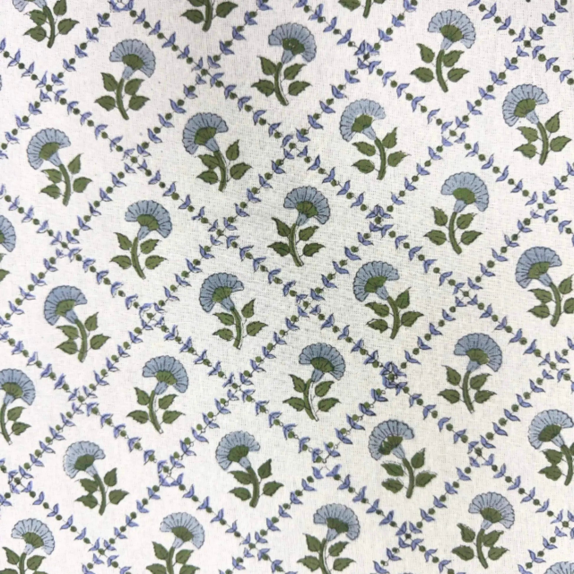 Pattern of blue and green flowers on a white background