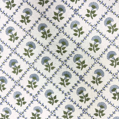 Pattern of blue and green flowers on a white background