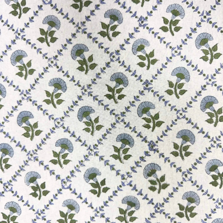 Pattern of blue and green flowers on a white background