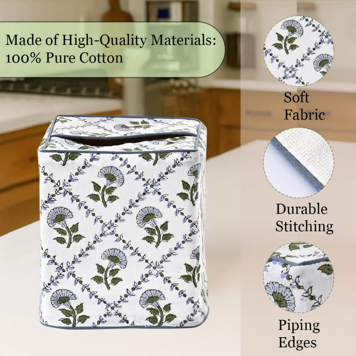 Floral-patterned fabric basket on a kitchen counter with quality attributes highlighted.
