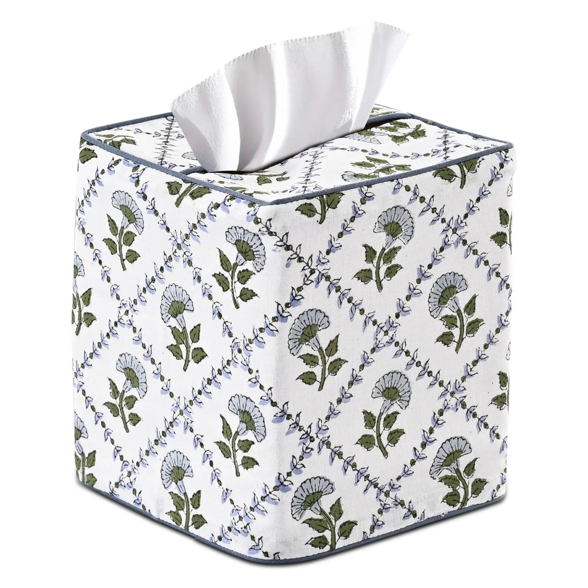 Square tissue box cover with floral pattern on a white background