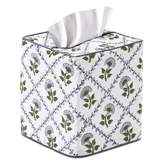 Square tissue box cover with floral pattern on a white background