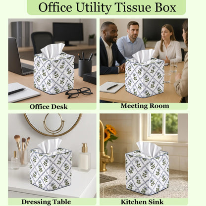 Floral-patterned office utility tissue box in various settings including an office desk, meeting room, dressing table, and kitchen sink.