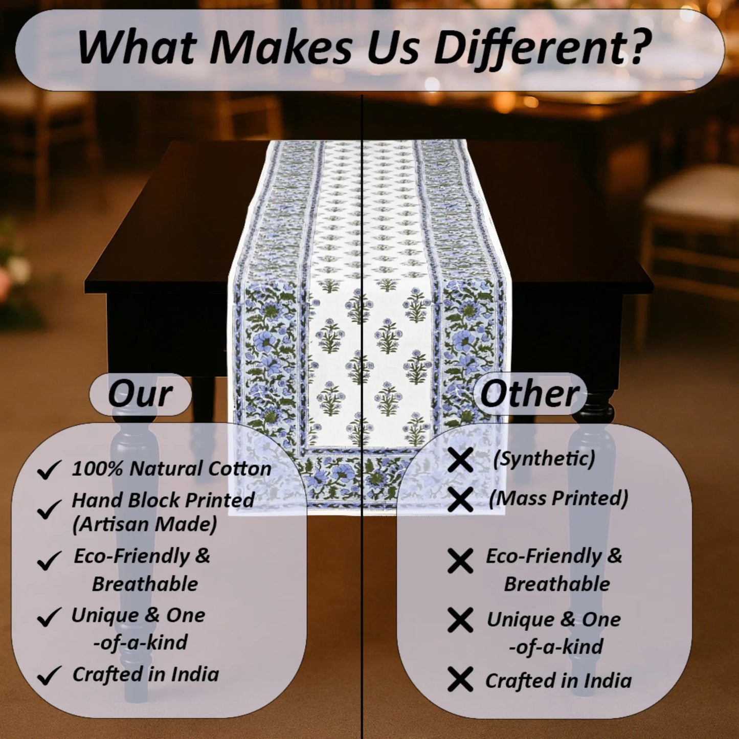 Table runner with text comparing 100% natural cotton to synthetic materials
