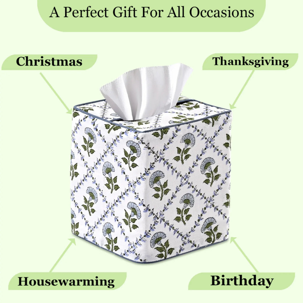 Floral patterned tissue box with text indicating occasions like Christmas, Thanksgiving, Housewarming, and Birthday.