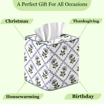 Floral patterned tissue box with text indicating occasions like Christmas, Thanksgiving, Housewarming, and Birthday.