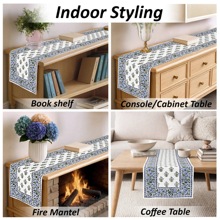 Table runner with floral pattern used on bookshelf, console table, fire mantel, and coffee table.