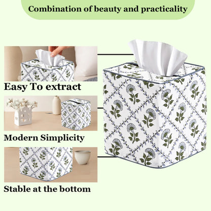 Decorative tissue box cover with floral pattern on a light background