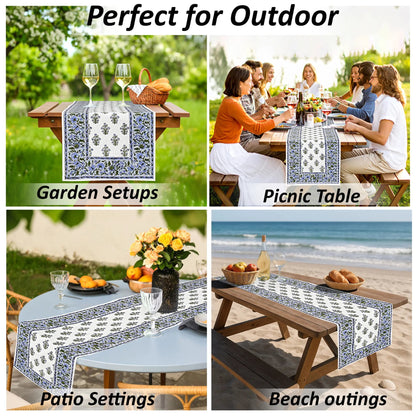 Table runner with decorative pattern used in various outdoor settings including garden, picnic, patio, and beach.