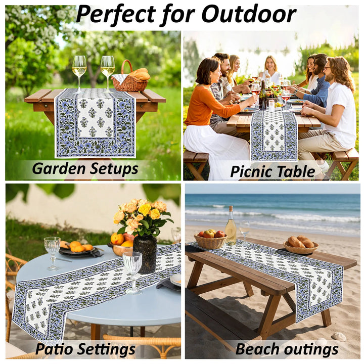 Table runner with decorative pattern used in various outdoor settings including garden, picnic, patio, and beach.