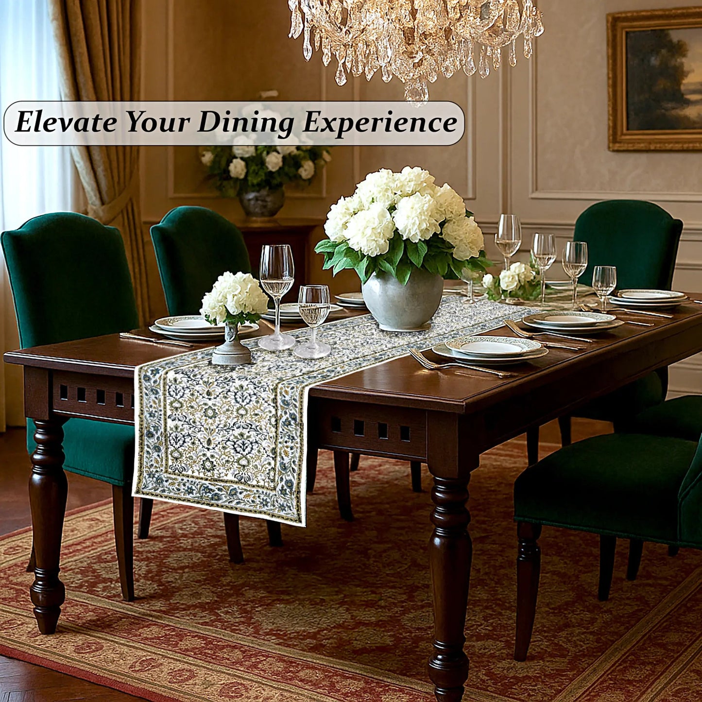 Dining room with a set table, flowers, and a chandelier.