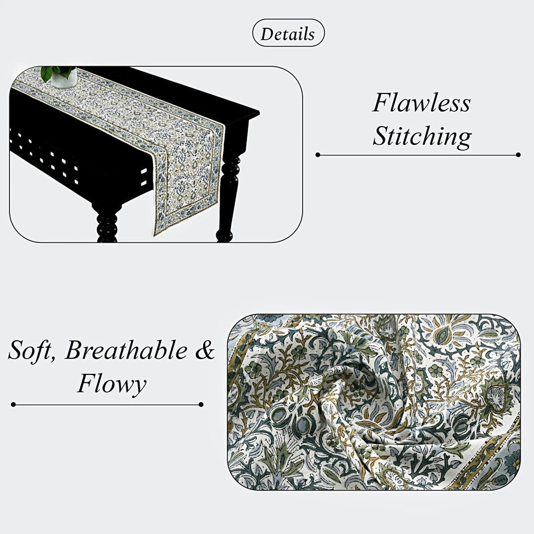Decorative table runner with floral pattern on a white background, highlighting &