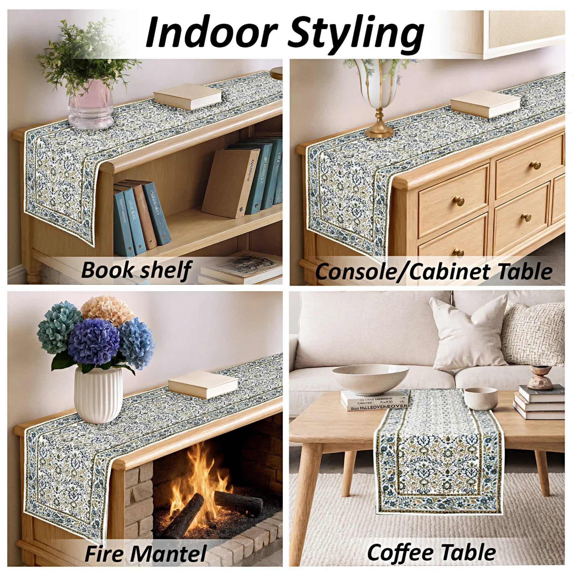 Collage of a decorative table runner used on various furniture pieces including a bookshelf, console cabinet, fire mantel, and coffee table.