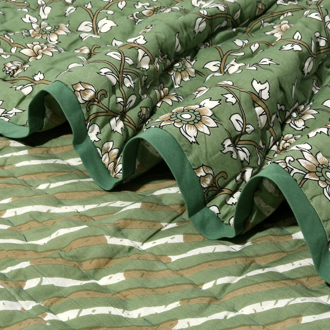 Green floral fabric with ruffled edge