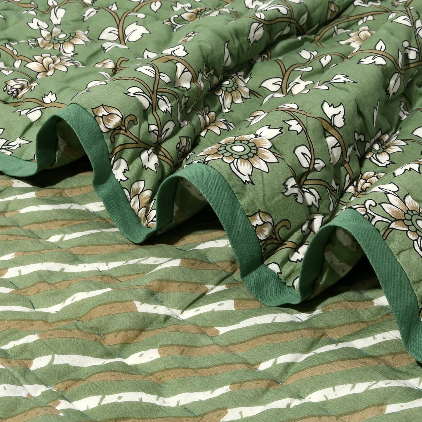Green floral fabric with ruffled edge