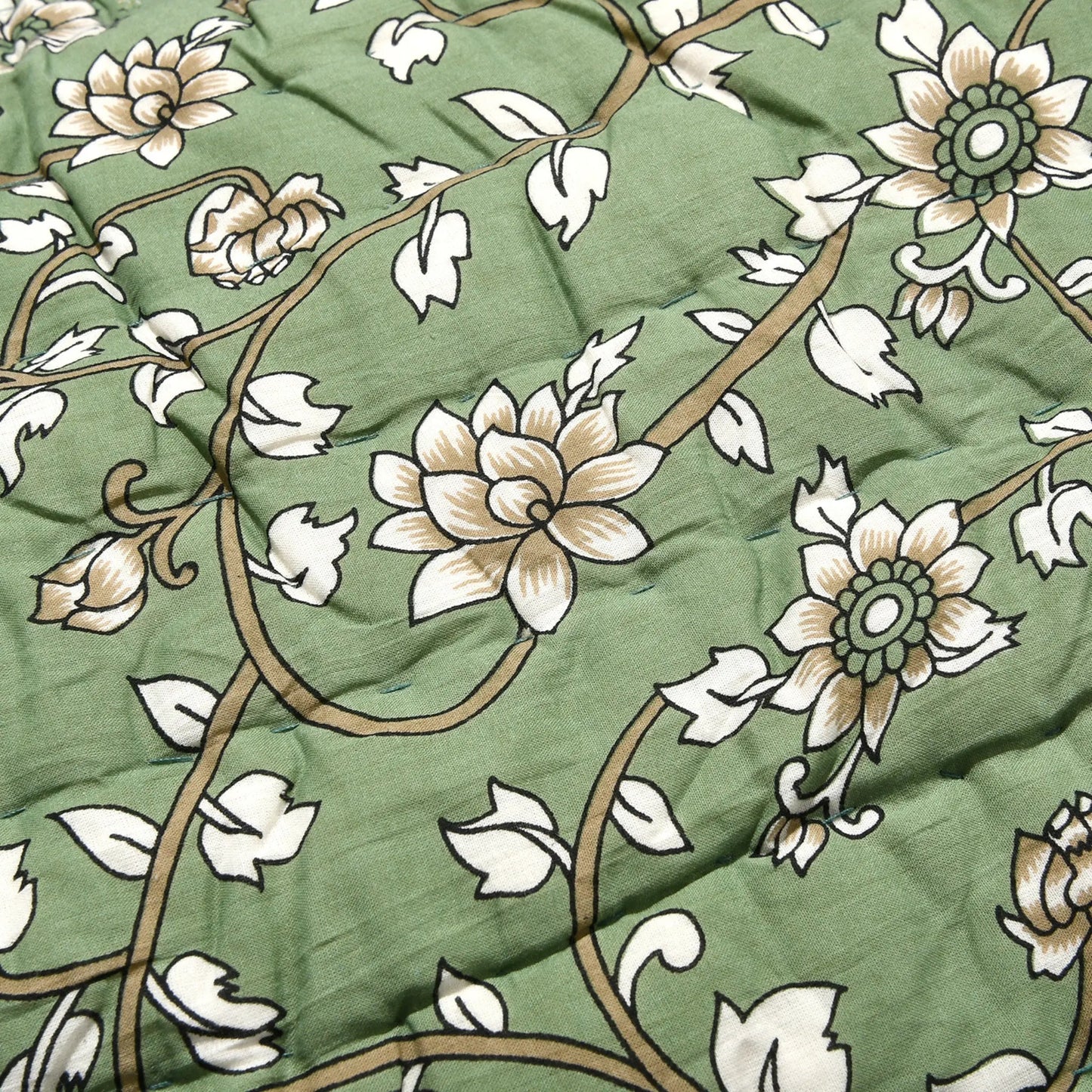 Floral patterned fabric with white flowers on a green background
