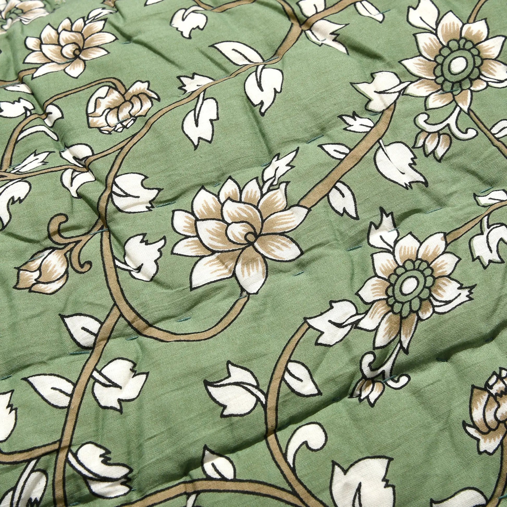 Floral patterned fabric with white flowers on a green background