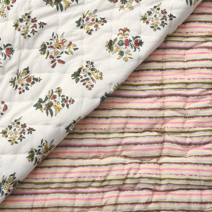 Two fabrics with floral and striped patterns on a white background