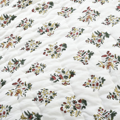 Floral patterned fabric with a quilted texture on a white background