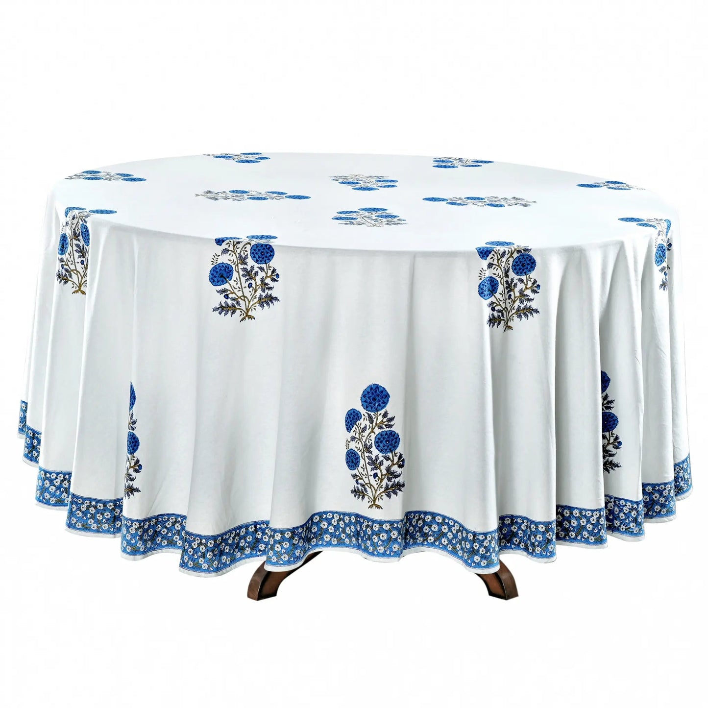 Round tablecloth with blue floral patterns on a white background