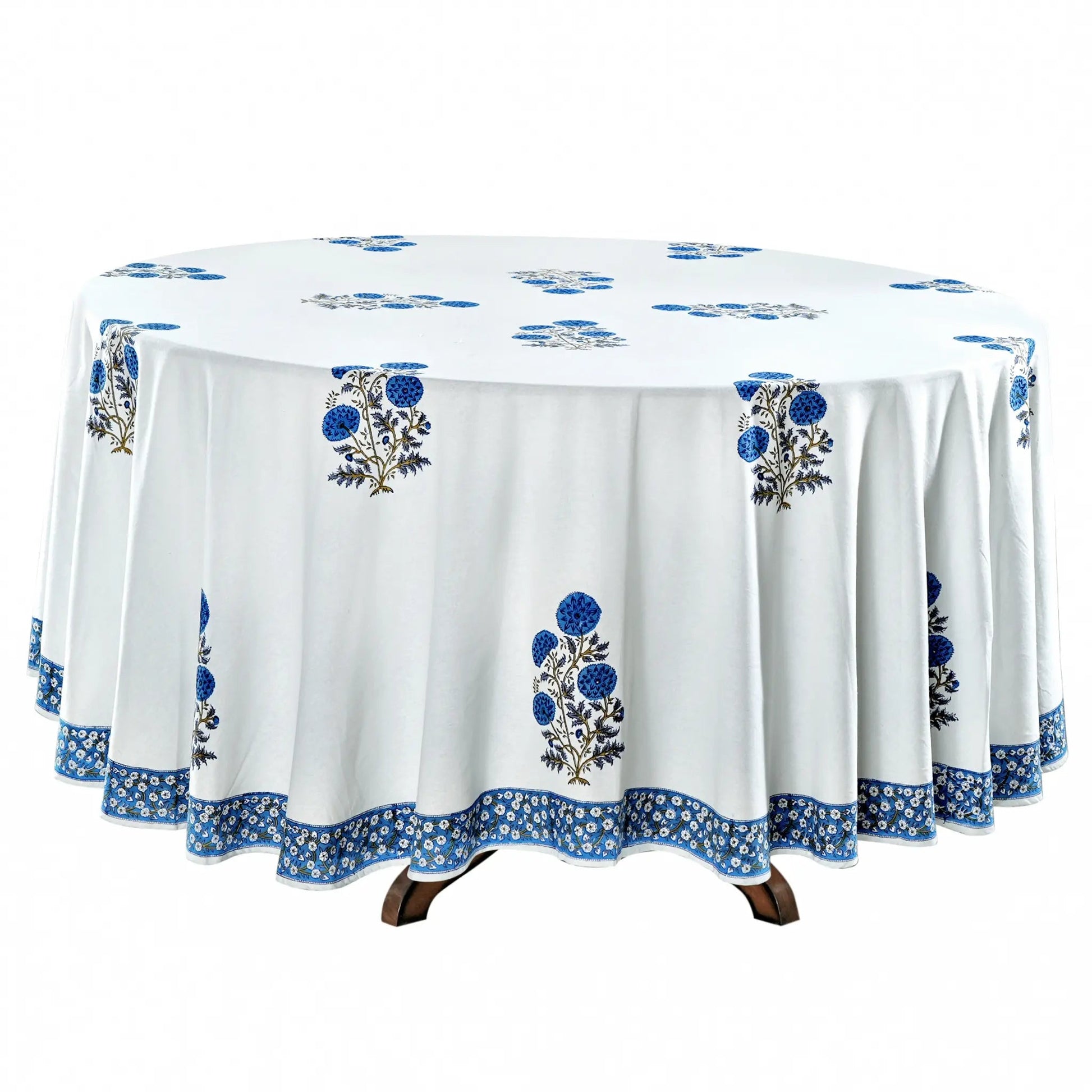 Round tablecloth with blue floral patterns on a white background