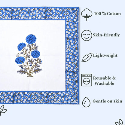 Floral design with text highlighting features like 100% cotton, skin-friendly, lightweight, reusable, washable, and gentle on skin.