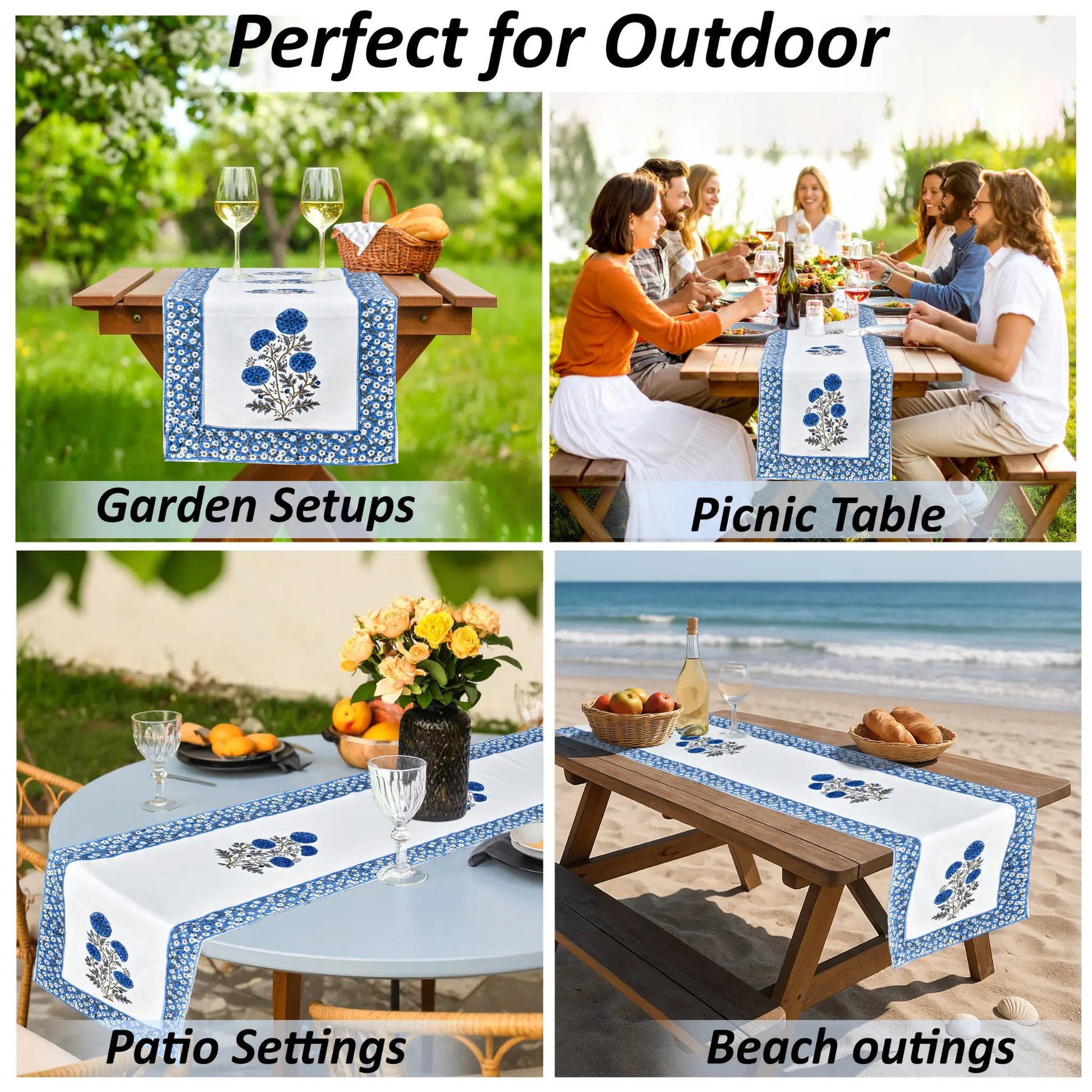 Table runner with floral design used in various outdoor settings including garden, picnic, patio, and beach.