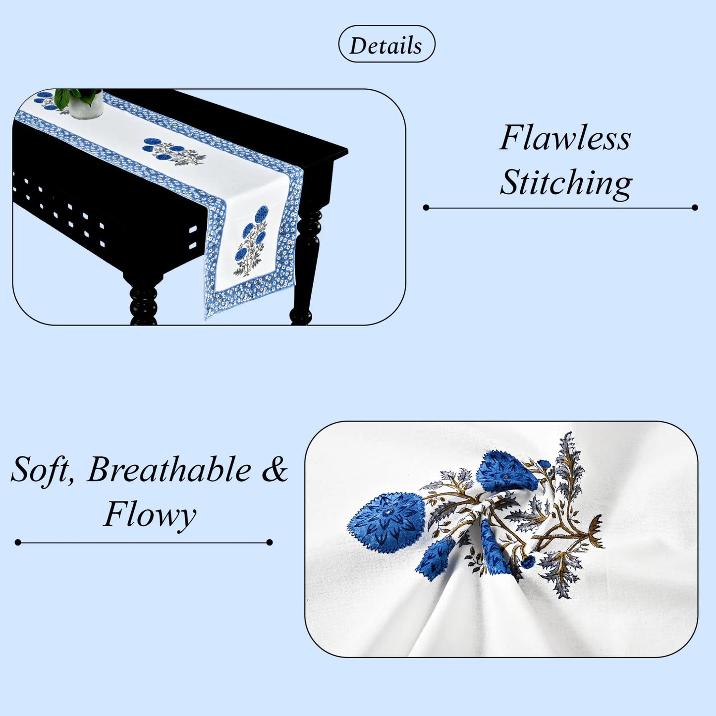 Table runner with floral embroidery on a table, highlighting 'Flawless Stitching' and 'Soft, Breathable & Flowy' text.