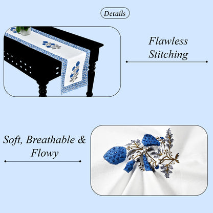 Table runner with floral embroidery on a table, highlighting 'Flawless Stitching' and 'Soft, Breathable & Flowy' text.