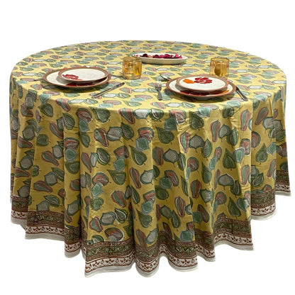 Round tablecloth with a colorful leaf pattern on a white background