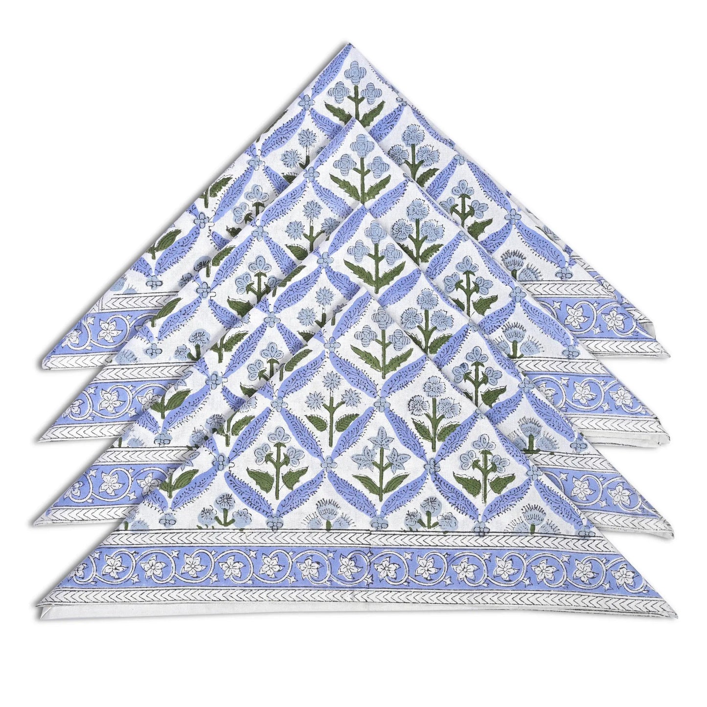 Set of six floral patterned napkins stacked on a white background