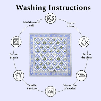 Washing instructions for a fabric product with icons and text on a light blue background.