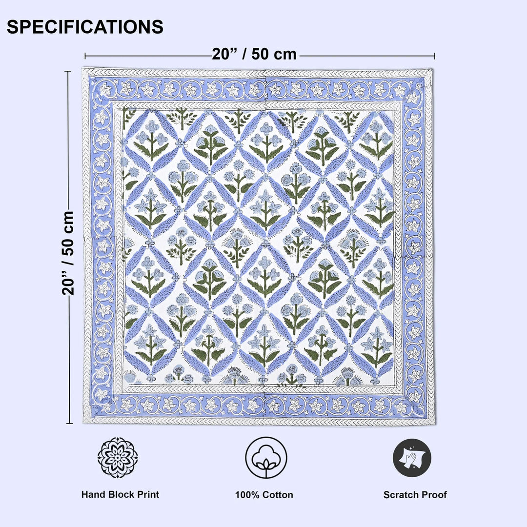 Decorative mat with floral pattern and measurements on a light blue background