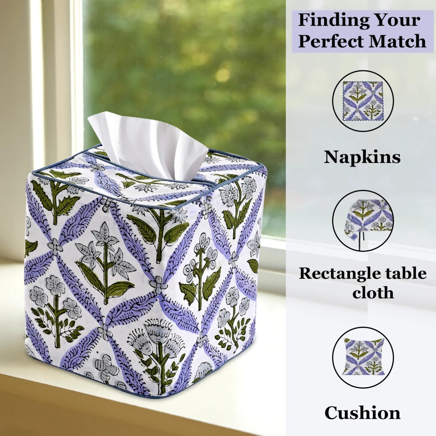 Tissue box cover with floral pattern on a windowsill, with text 'Finding Your Perfect Match' and product suggestions.