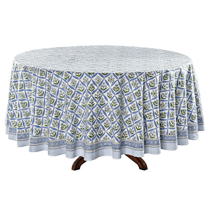Round tablecloth with blue and green pattern on a white background