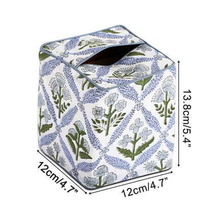 Floral patterned tissue box cover with dimensions indicated