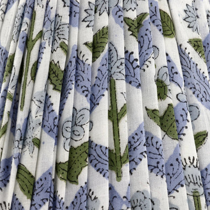 Close-up of pleated fabric with blue and green floral pattern