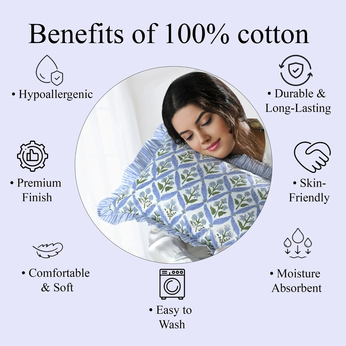 Woman sleeping with a patterned pillow, surrounded by text listing benefits of 100% cotton.